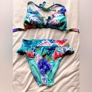 Floral Print Teal Bikini- High waist Bottom